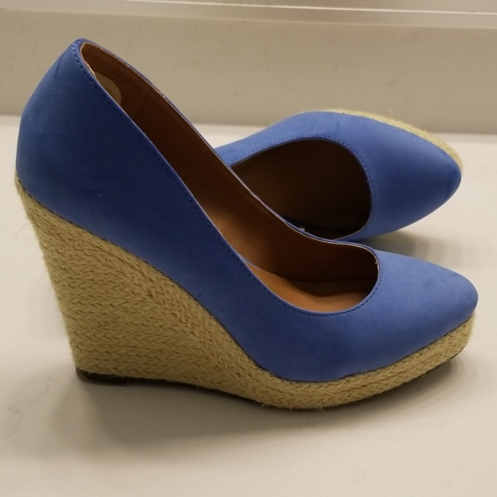 Cobalt blue suede-like pointy toe wedges